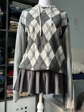 Grey Cotton Argyle Pullover Hooded Long Sleeve Top sz L